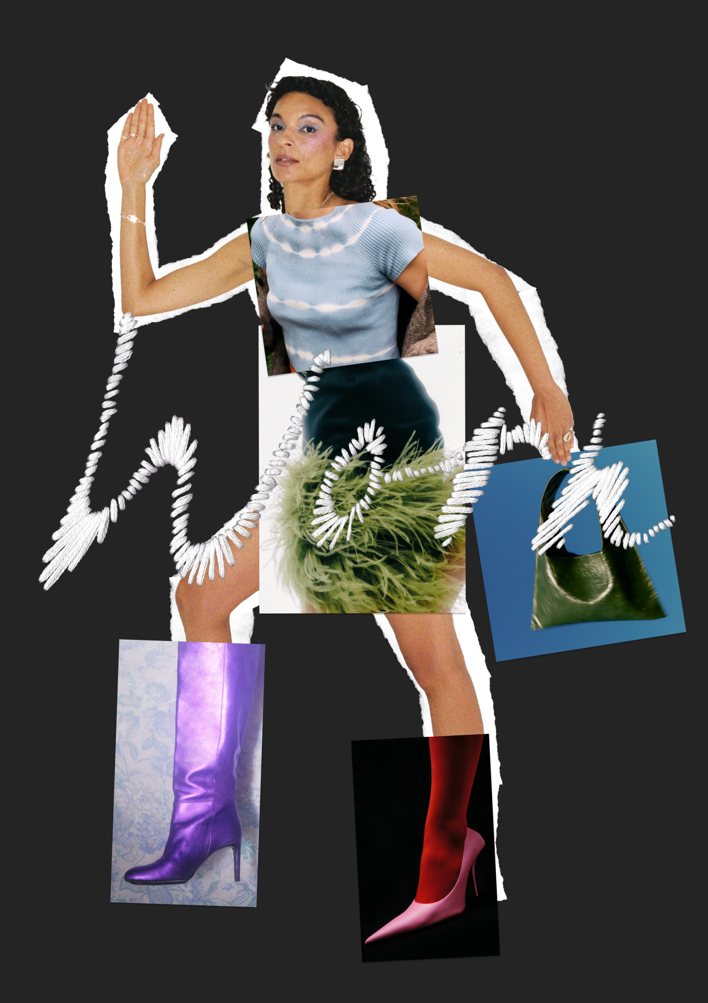 An image of a model on the go, covered with a mixed media collage of fashion items