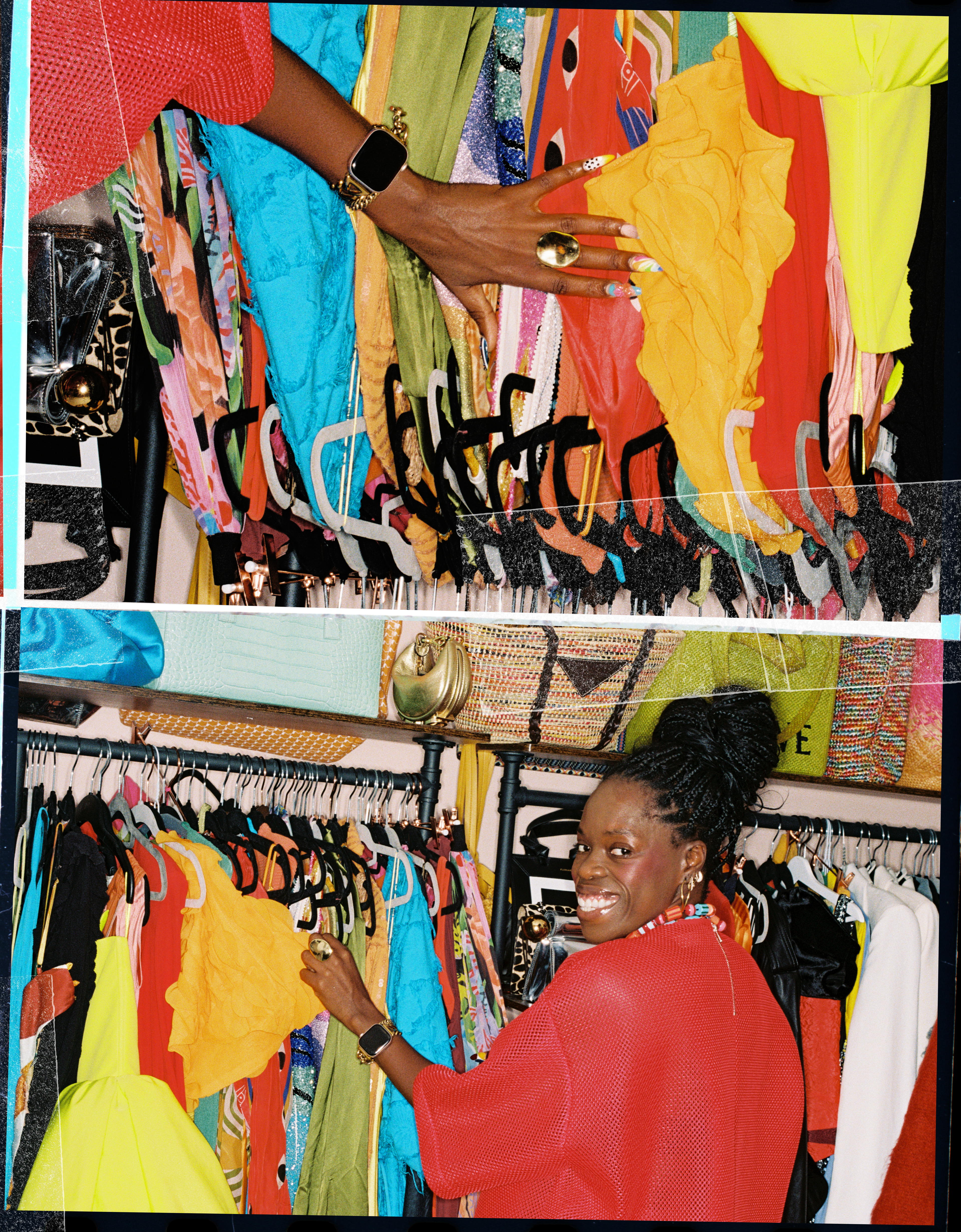 A collage of close up shots of Nana Acheampong and her favourite wardrobe items