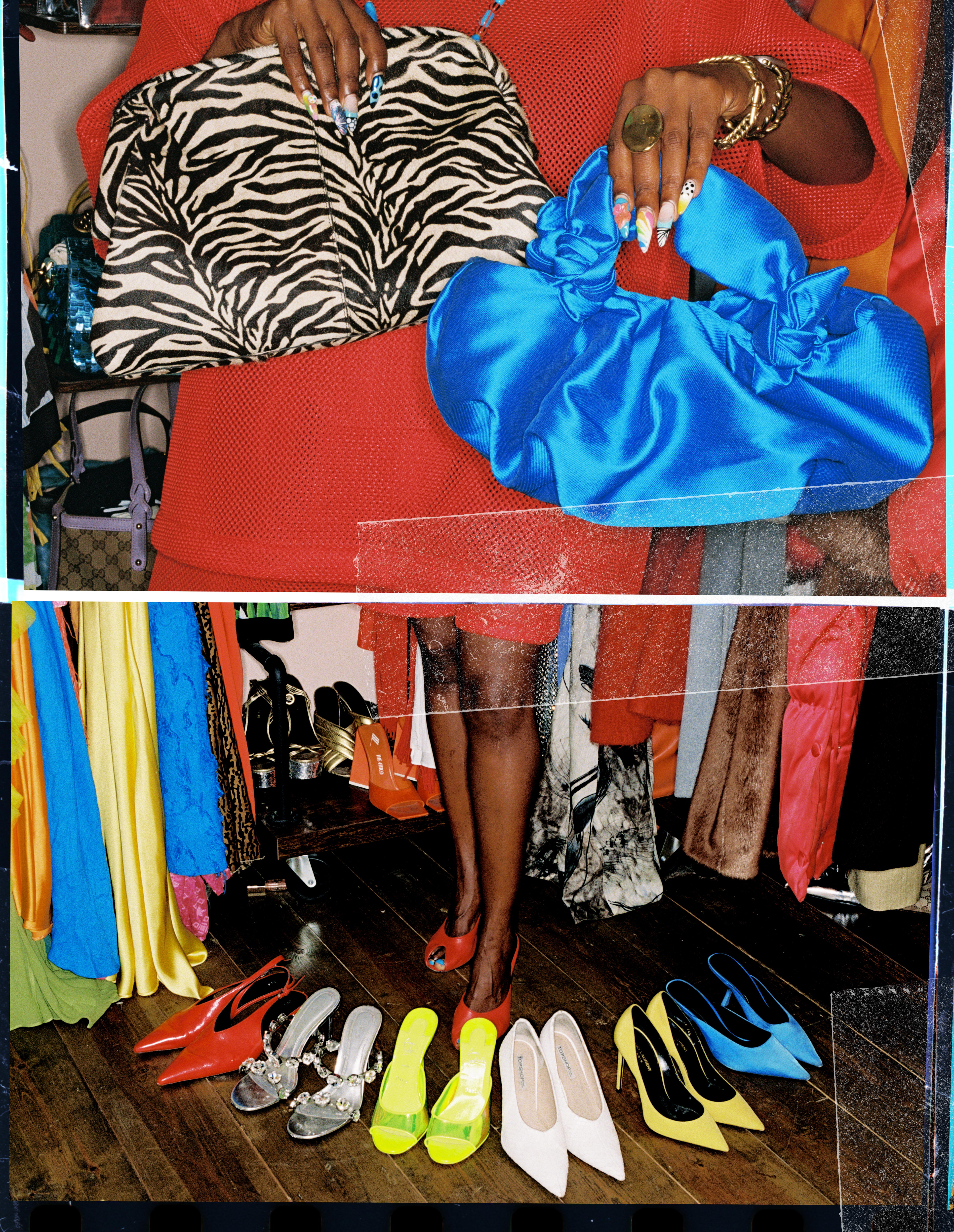 A collage of close up shots of Nana Acheampong and her favourite wardrobe items