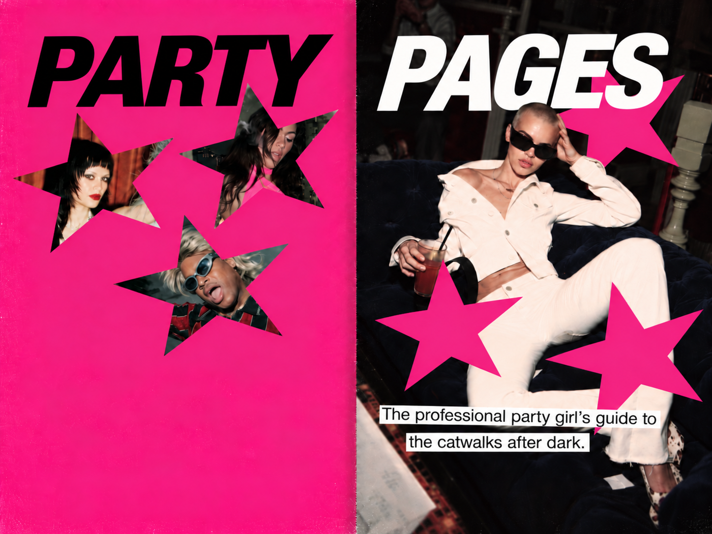 Magazine cover split between hot-pink “PAGES” with star portraits and “PARTY,” showing a stylish woman reclining; nightlife guide text below.