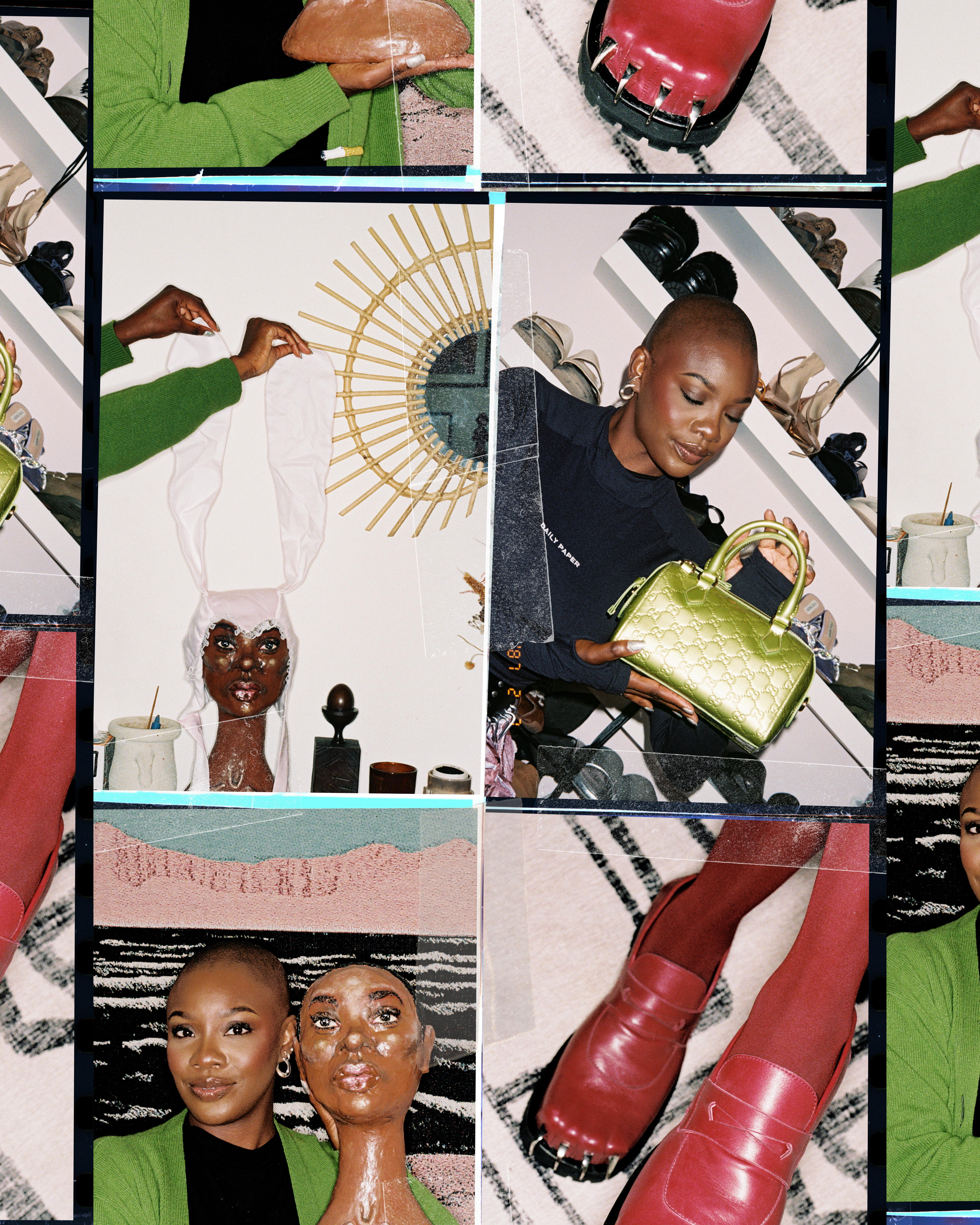 A collage of close up shots of Yomi Adegoke and her favourite wardrobe items